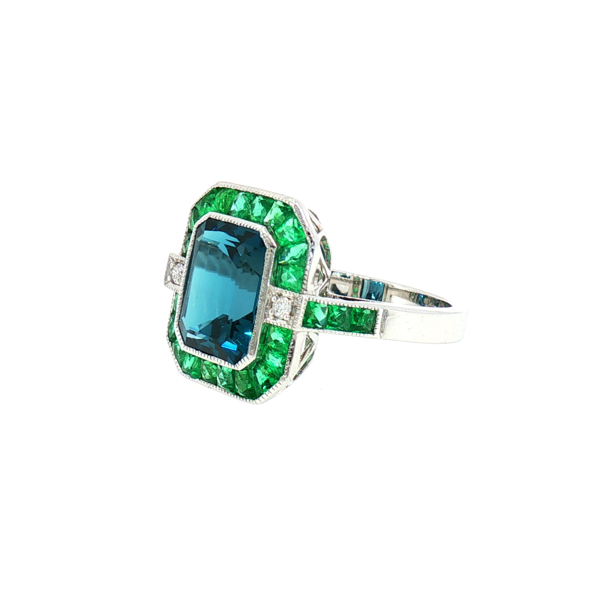 London Blue Topaz Art Deco Style Dress Ring in 18ct White Gold