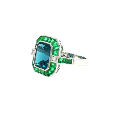 London Blue Topaz Art Deco Style Dress Ring in 18ct White Gold