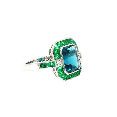 London Blue Topaz Art Deco Style Dress Ring in 18ct White Gold