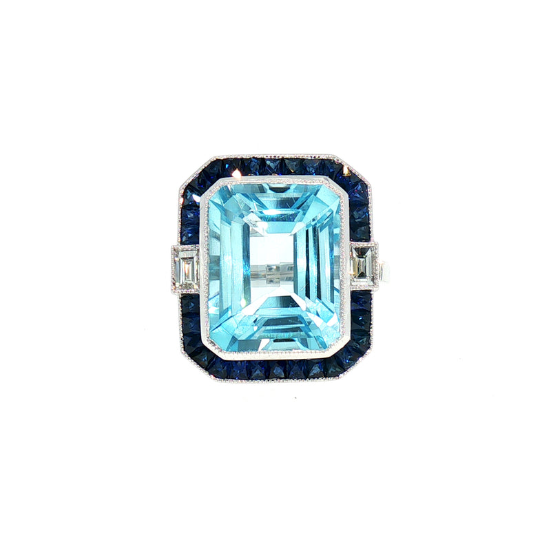 Blue Topaz, Sapphire and Natural Diamond Art Deco Dress Ring in 18ct White Gold