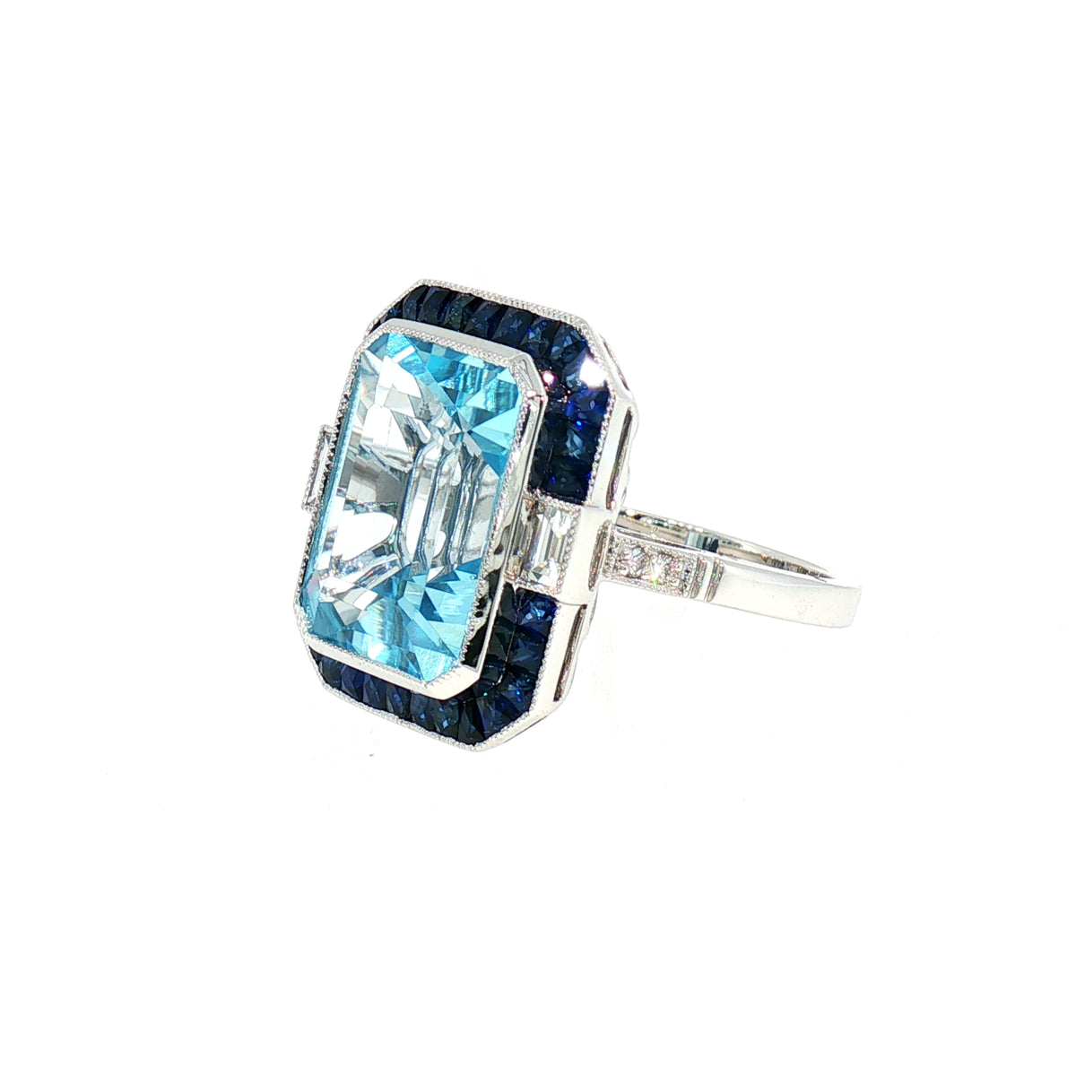 Blue Topaz, Sapphire and Natural Diamond Art Deco Dress Ring in 18ct White Gold