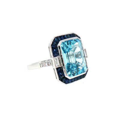 Blue Topaz, Sapphire and Natural Diamond Art Deco Dress Ring in 18ct White Gold