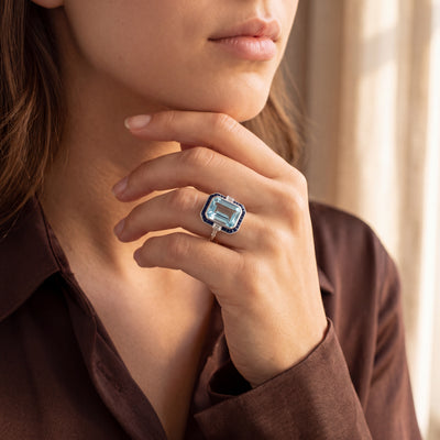 Blue Topaz, Sapphire and Natural Diamond Art Deco Dress Ring in 18ct White Gold