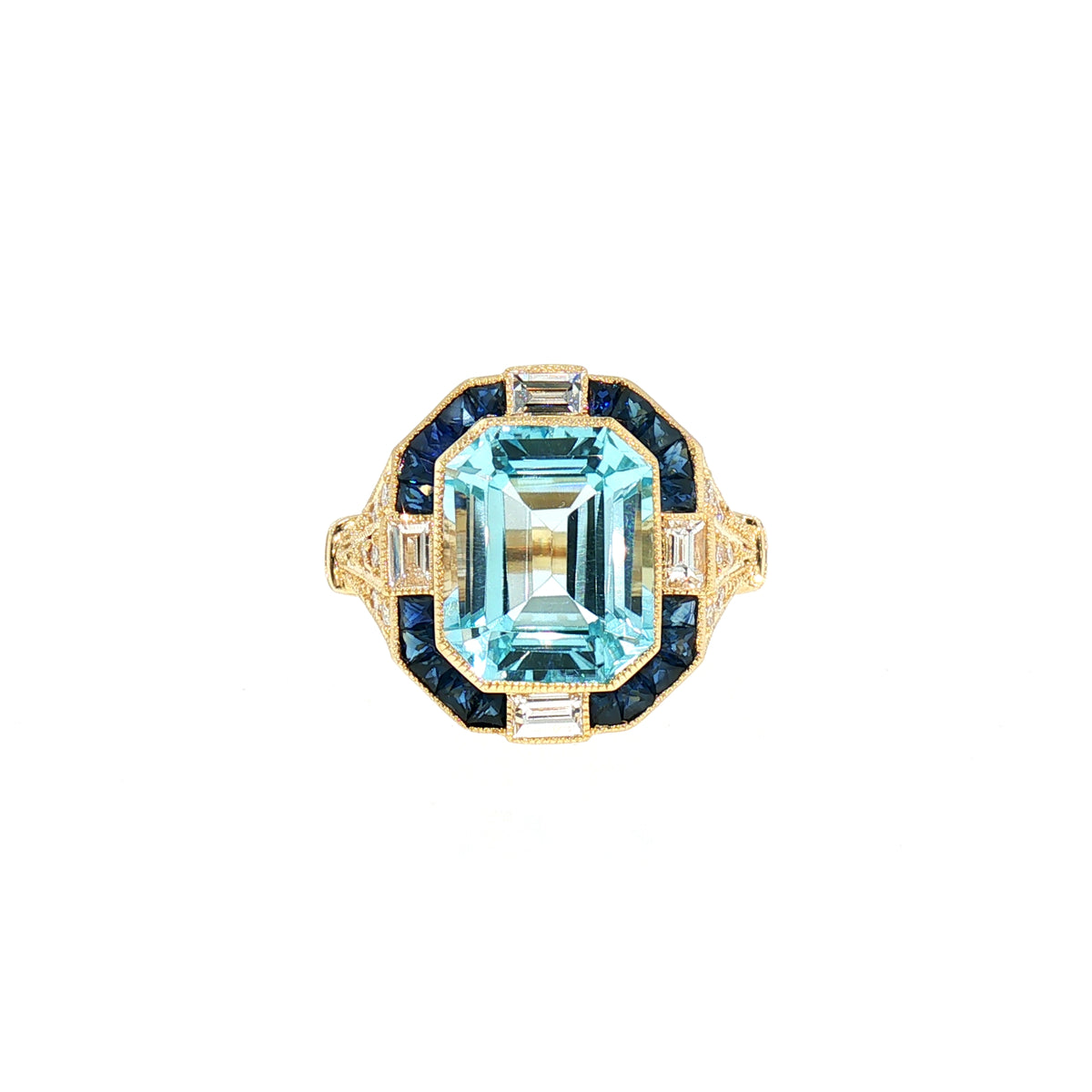 Natural Blue Topaz and Diamond Dress Ring with Geometric Halo in 18ct Yellow Gold