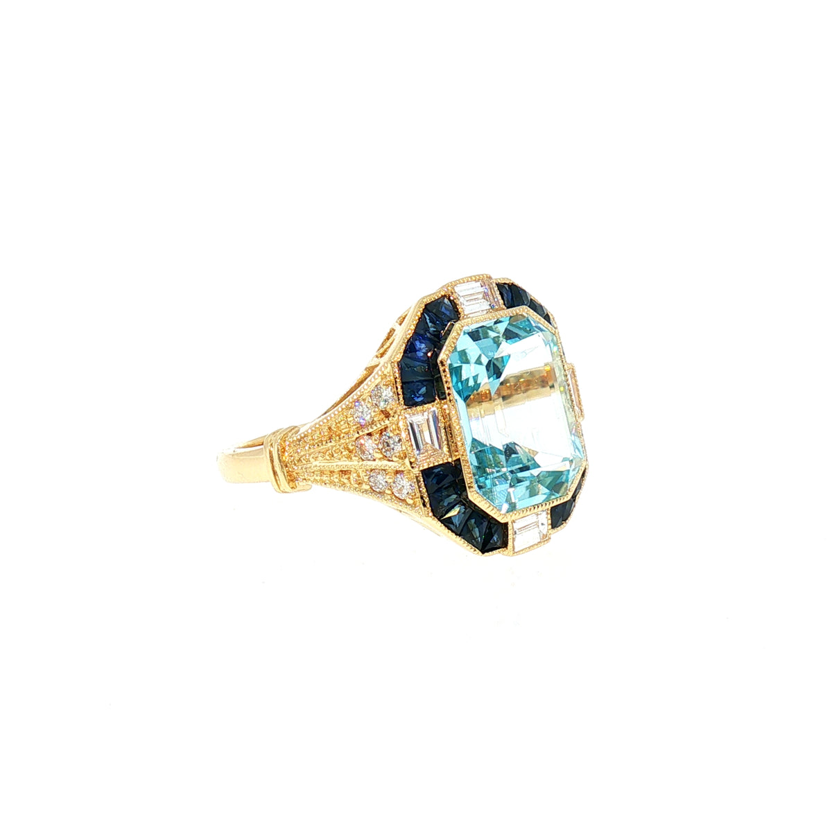 Natural Blue Topaz and Diamond Dress Ring with Geometric Halo in 18ct Yellow Gold