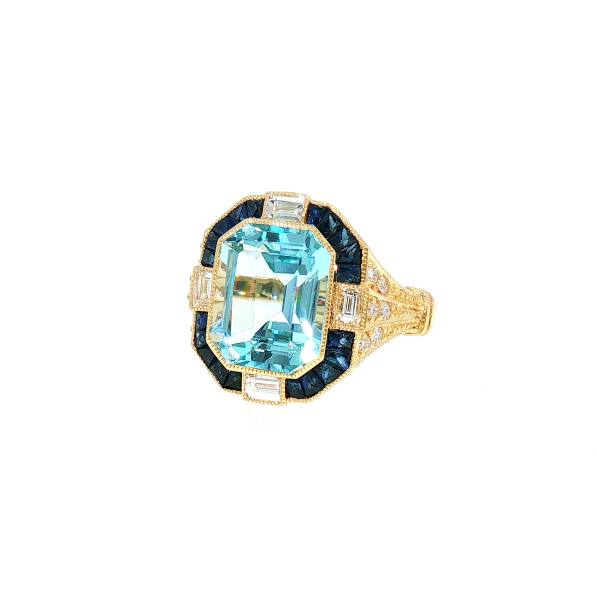 Natural Blue Topaz and Diamond Dress Ring with Geometric Halo in 18ct Yellow Gold