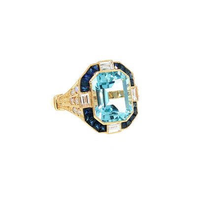 Natural Blue Topaz and Diamond Dress Ring with Geometric Halo in 18ct Yellow Gold