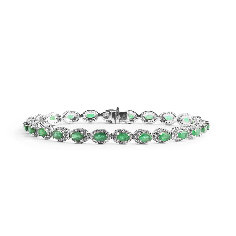 5.52ct Oval Emerald & 1.21ct  Natural Diamond Halo Cluster Bracelet in 18ct White Gold