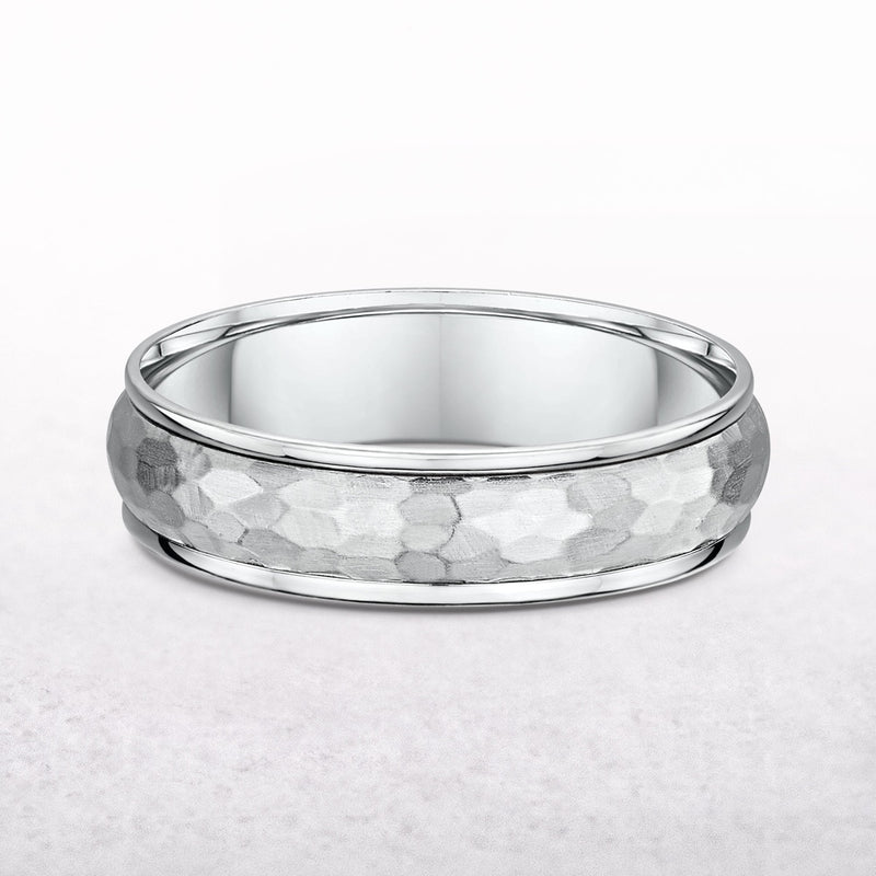 5mm Hammered Centre & Polished Edge Gents Wedding Band In 9ct White Gold