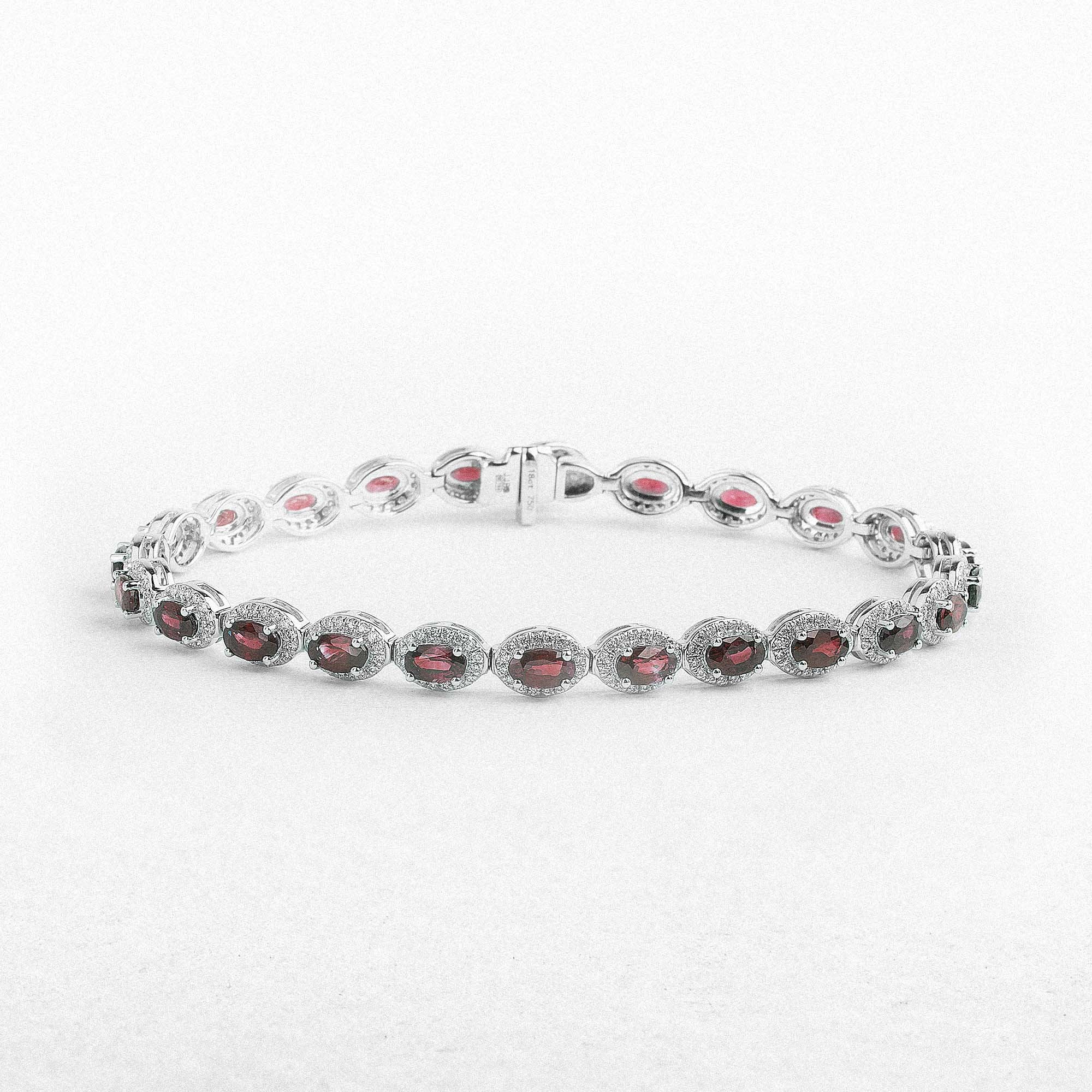 6.34ct Oval Ruby & 1.22ct Natural Diamond Halo Cluster Bracelet in 18ct White Gold