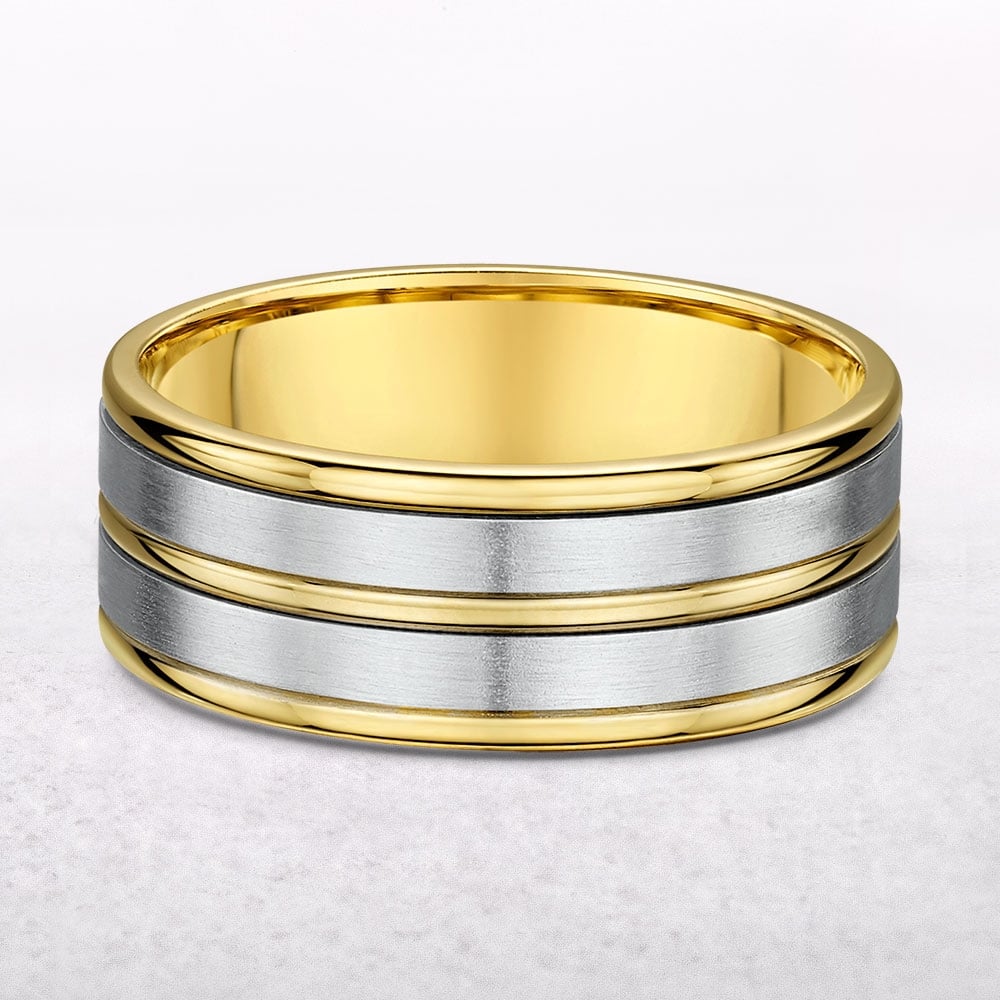 6.5mm Two Tone Gents 5 Row Satin & Polished Wedding Band In 18ct Gold