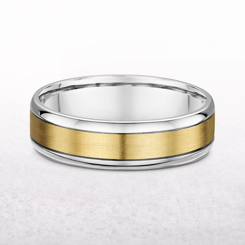 6.85mm Two Tone Gents Satin Brushed Centre & White Gold Polished Edge Wedding Band In 18ct Gold