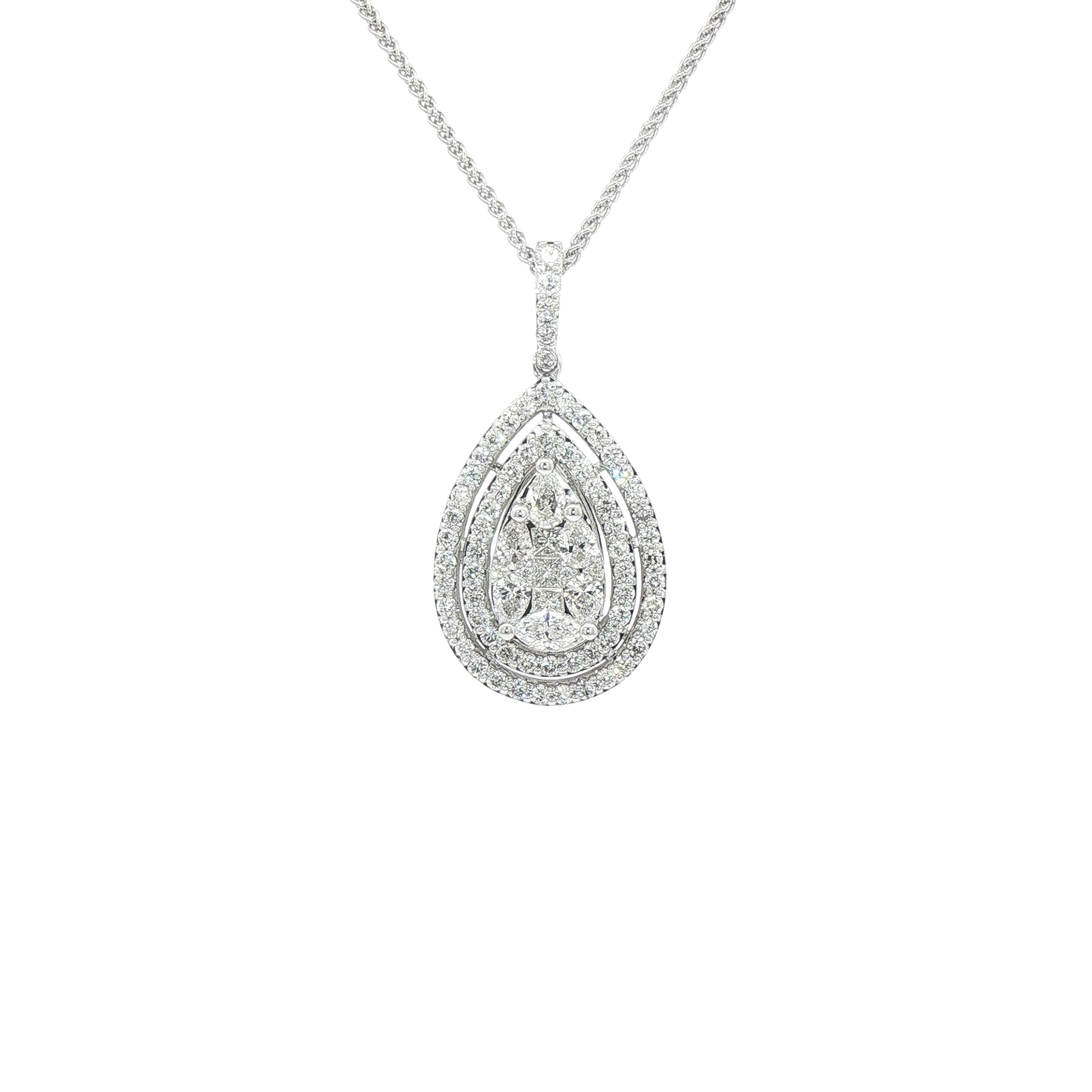 1.34ct Natural Diamond Multi Stone Pear Double Halo Pendant in 18ct White Gold