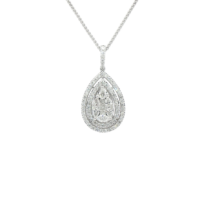 1.34ct Natural Diamond Multi Stone Pear Double Halo Pendant in 18ct White Gold