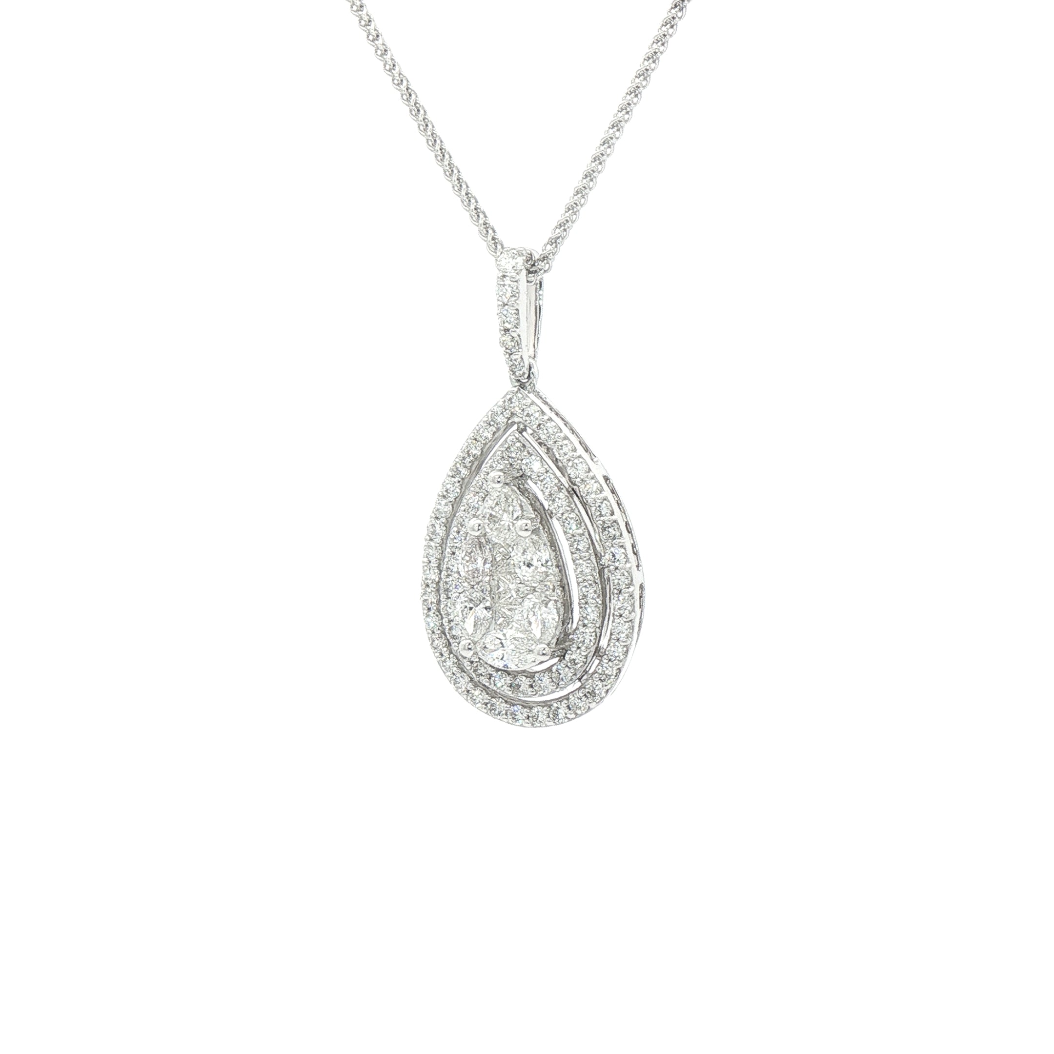 1.34ct Natural Diamond Multi Stone Pear Double Halo Pendant in 18ct White Gold