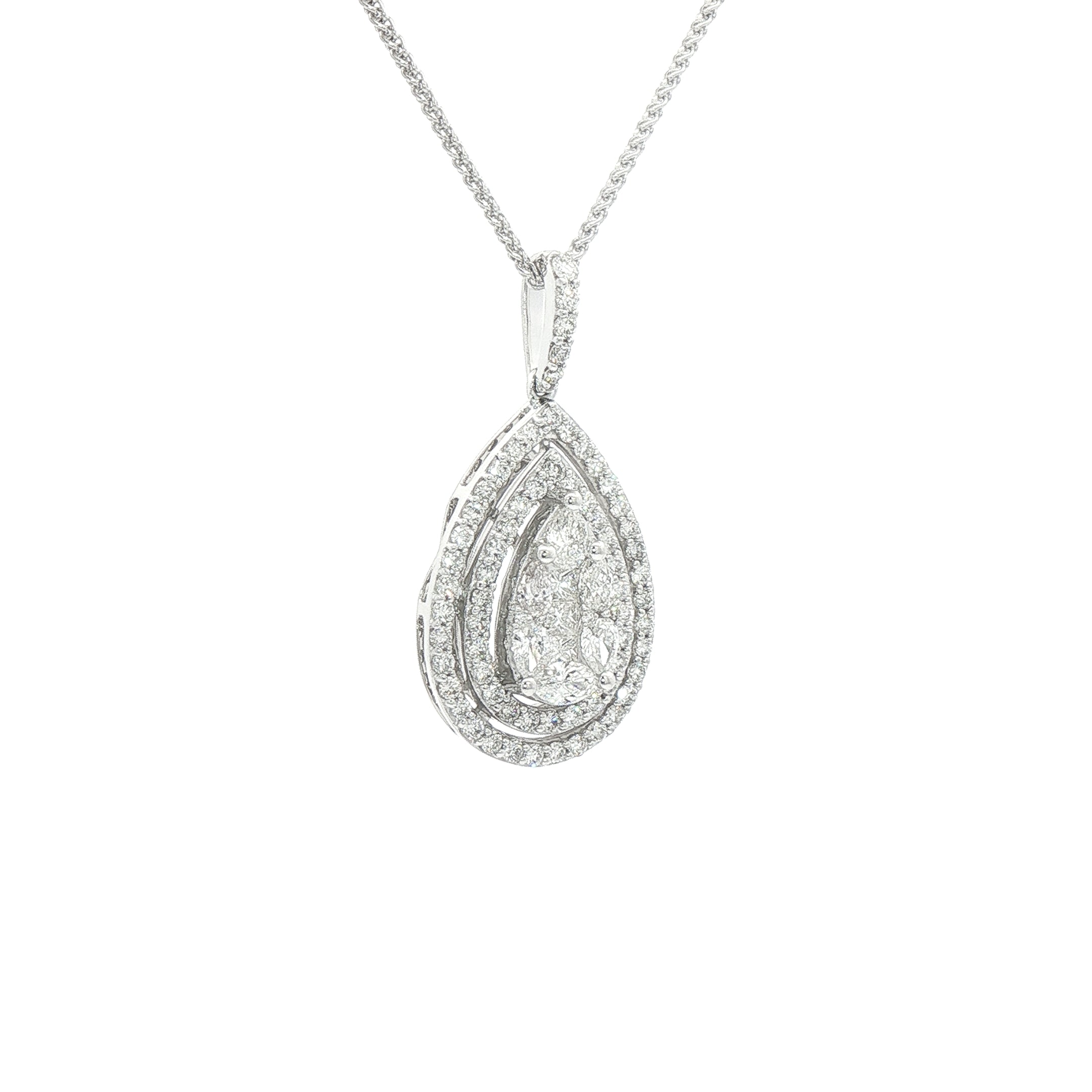 1.34ct Natural Diamond Multi Stone Pear Double Halo Pendant in 18ct White Gold