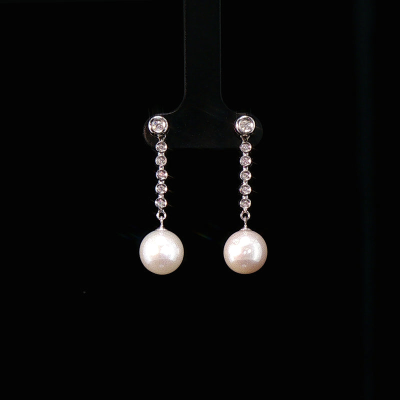 18ct White Gold Natural Diamond and Akoya Pearl Drop Earrings