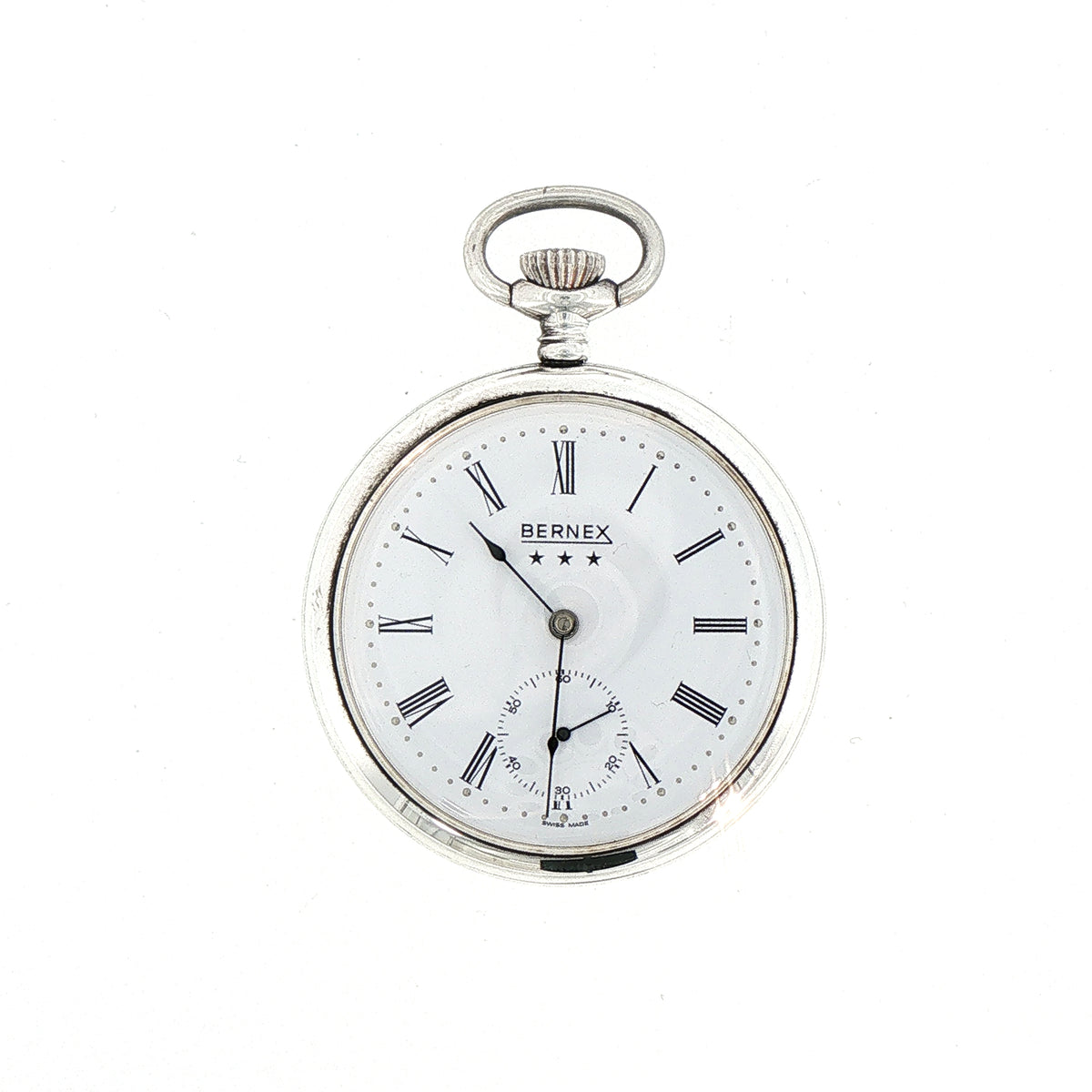 Bernex Open Face White Dial Pocket Watch in Silver