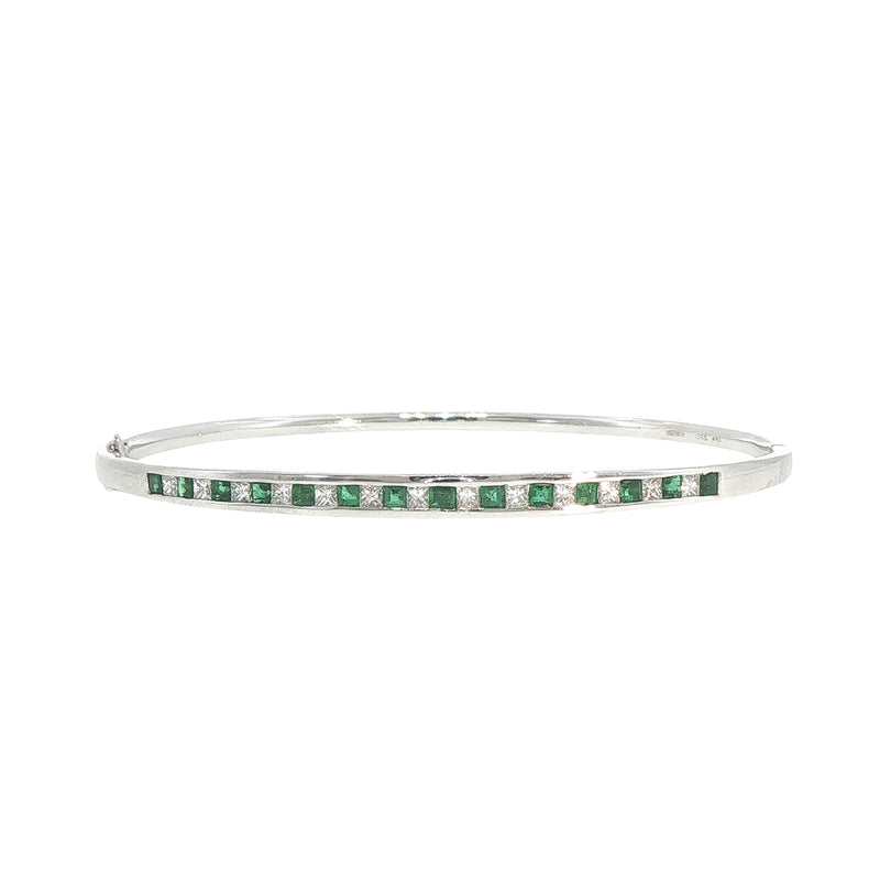 18ct White Gold Emerald and Natural Diamond Princess Cut Bangle