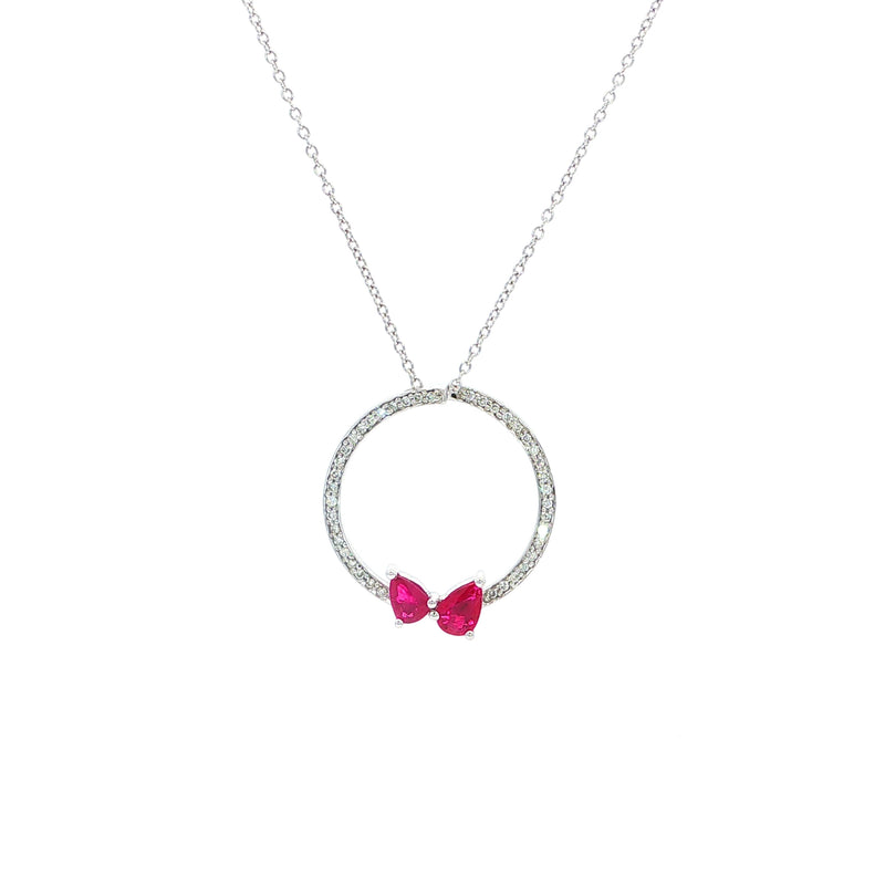 Ruby and Natural Diamond Red Bow Tie Pendant in 18ct White Gold
