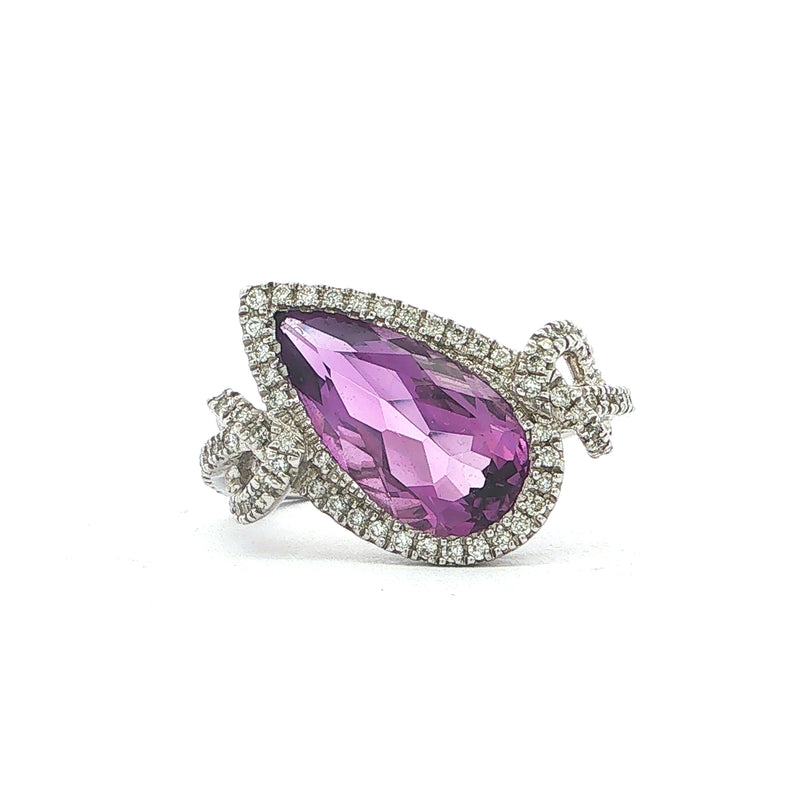 2.85ct Pear Amethyst & Natural Diamond Halo Ring in 18ct White Gold