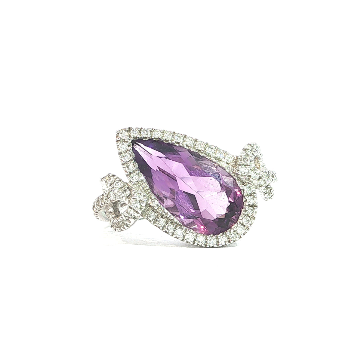 2.85ct Pear Amethyst & Natural Diamond Halo Ring in 18ct White Gold