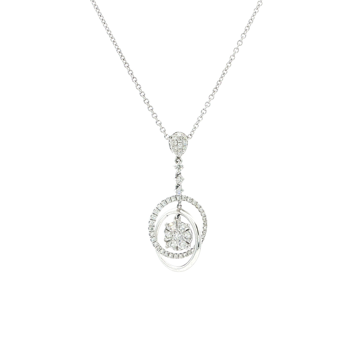 Flower and Circle Natural Diamond Drop Pendant in 18ct White Gold