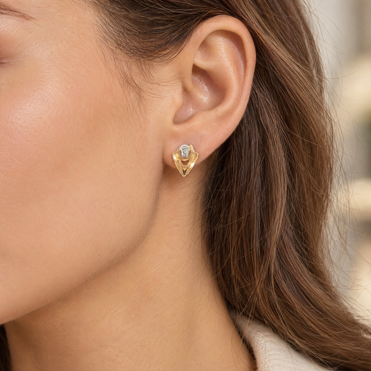 Two-Toned Triangular Stud Earrings in 9ct White and Yellow Gold