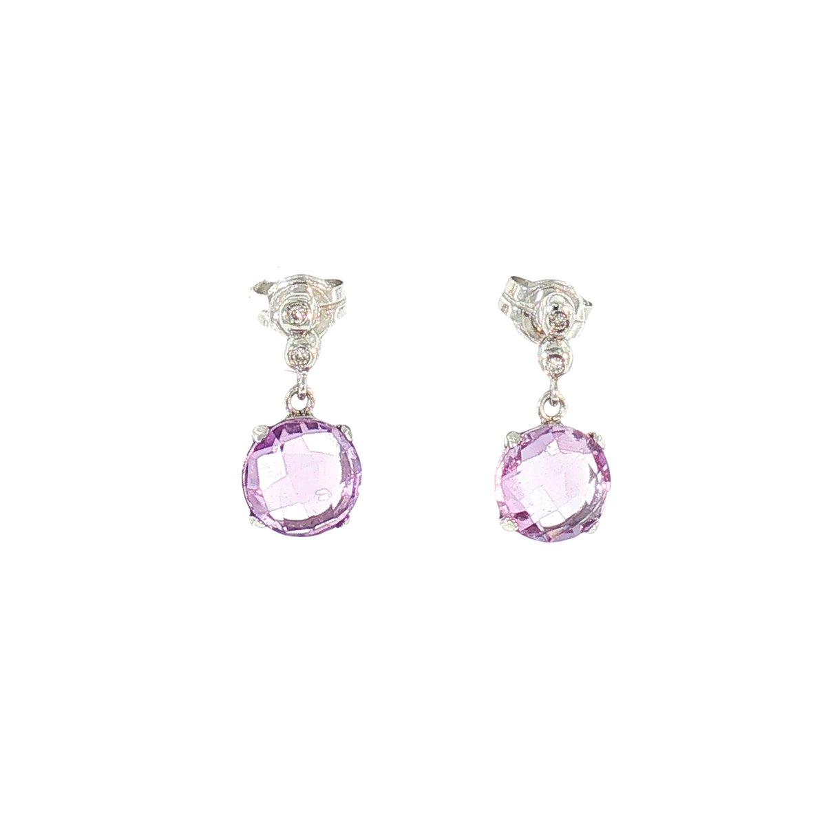 Round Amethyst and Natural Diamond Drop Earrings in 18ct White Gold