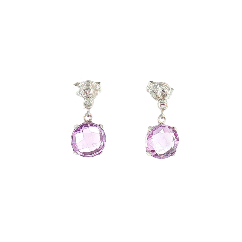 Round Amethyst and Natural Diamond Drop Earrings in 18ct White Gold