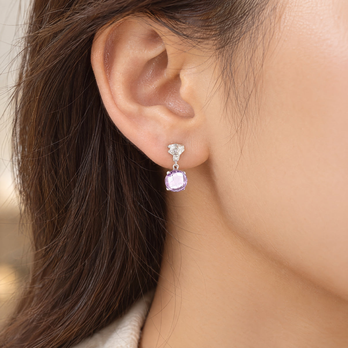 Round Amethyst and Natural Diamond Drop Earrings in 18ct White Gold
