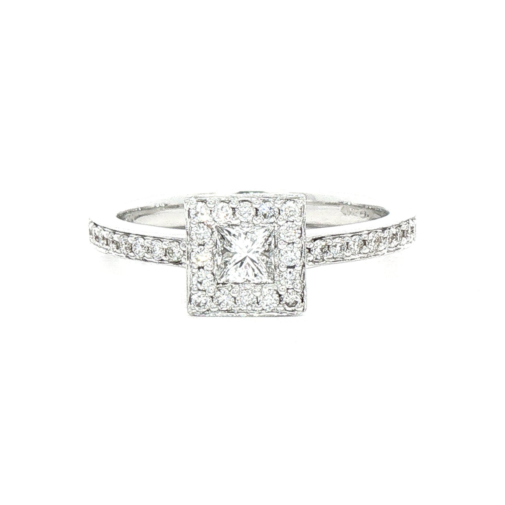 0.49ct Princess Cut Cluster Halo Natural Diamond Ring set in 18ct White Gold