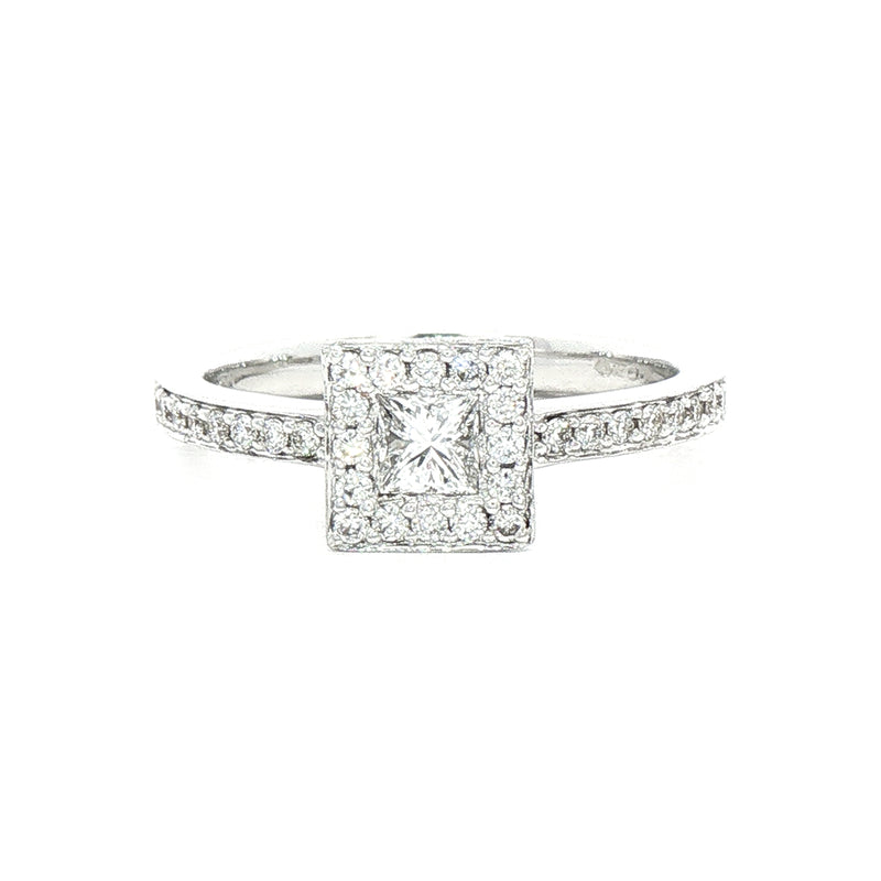 0.49ct Princess Cut Cluster Halo Natural Diamond Ring set in 18ct White Gold