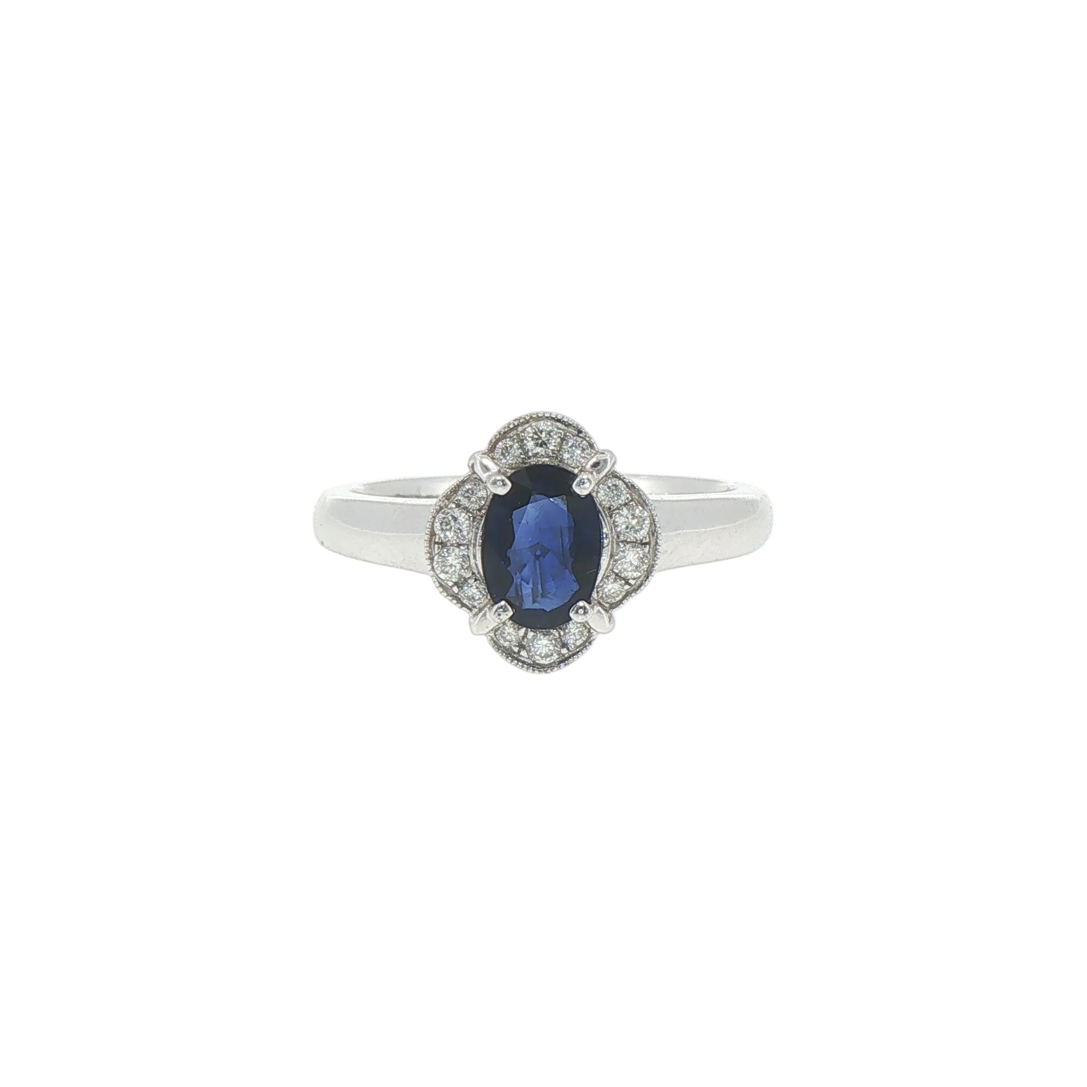 0.81ct Oval Sapphire & 0.15ct Natural Diamond Halo Cluster Ring in 18ct White Gold