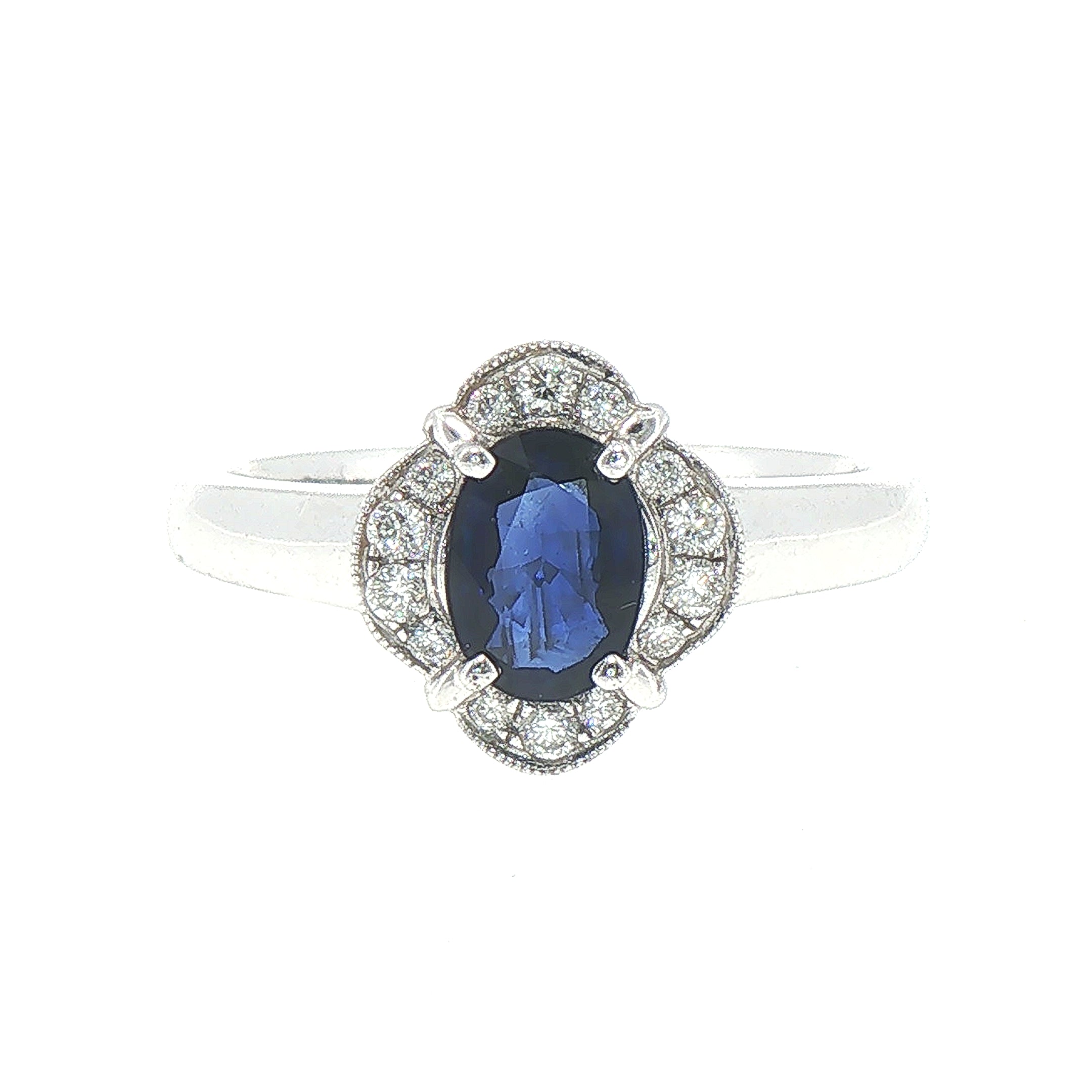 0.81ct Oval Sapphire & 0.15ct Natural Diamond Halo Cluster Ring in 18ct White Gold