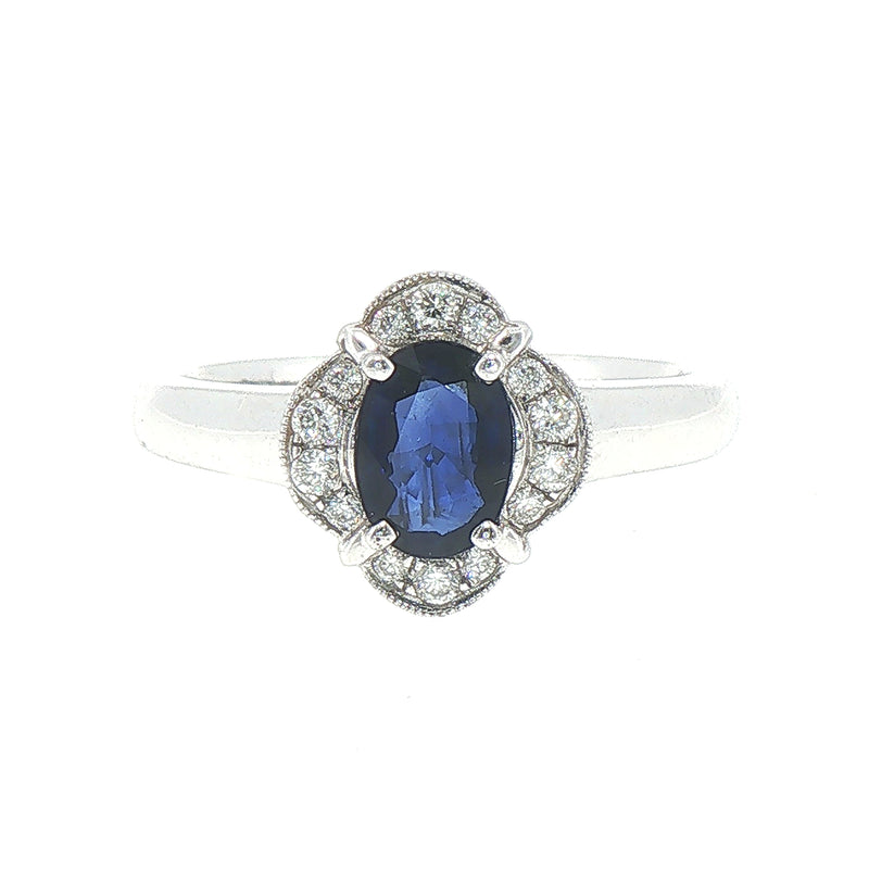 0.81ct Oval Sapphire & 0.15ct Natural Diamond Halo Cluster Ring in 18ct White Gold