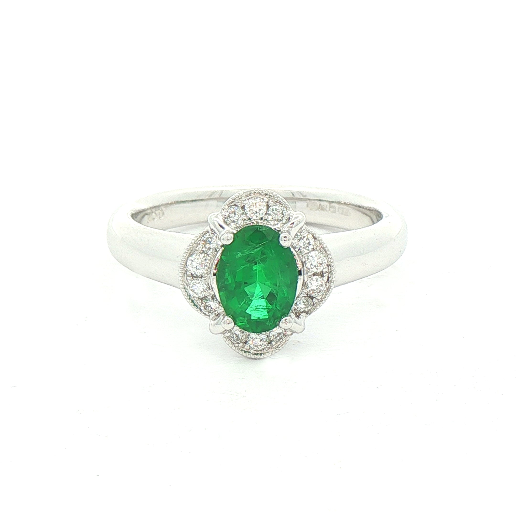 0.74ct Oval Emerald & 0.16ct Natural Diamond Cluster Ring in 18ct White Gold