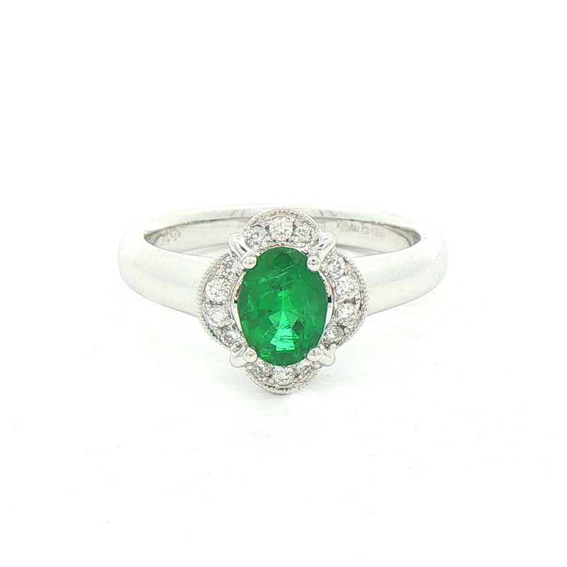 0.74ct Oval Emerald & 0.16ct Natural Diamond Cluster Ring in 18ct White Gold