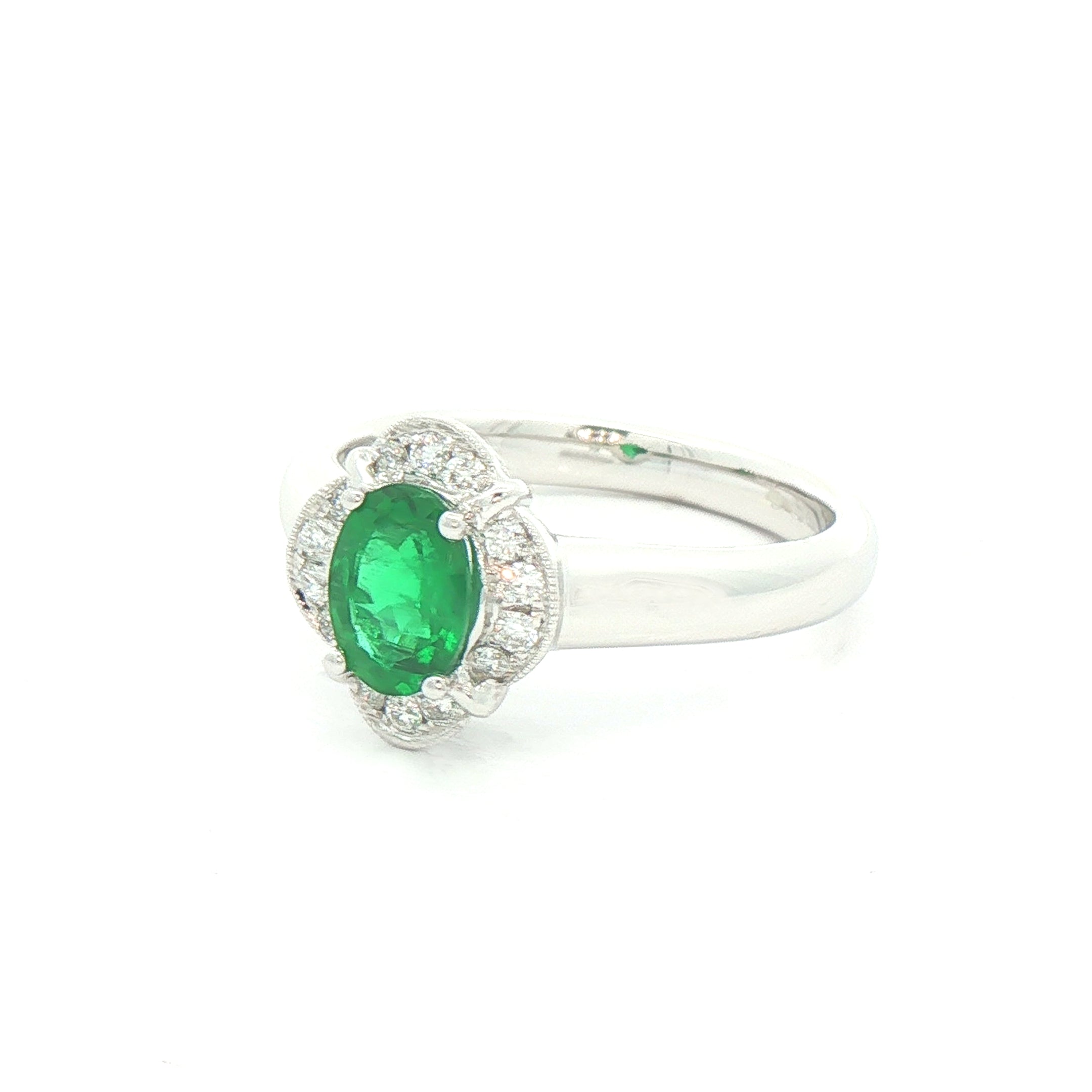 0.74ct Oval Emerald & 0.16ct Natural Diamond Cluster Ring in 18ct White Gold