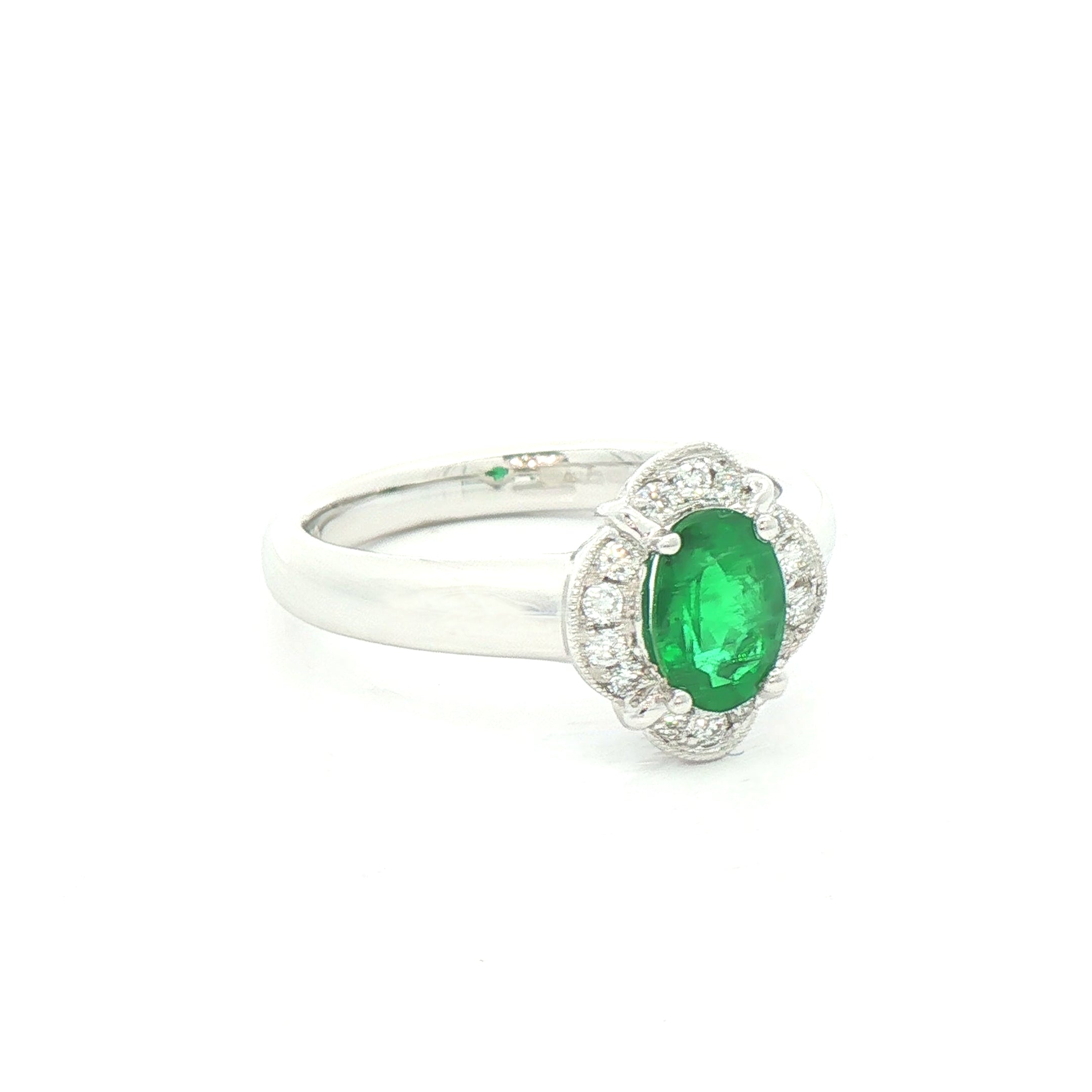 0.74ct Oval Emerald & 0.16ct Natural Diamond Cluster Ring in 18ct White Gold