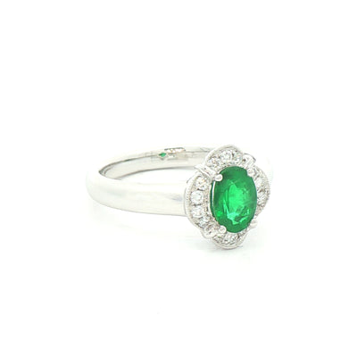 0.74ct Oval Emerald & 0.16ct Natural Diamond Cluster Ring in 18ct White Gold