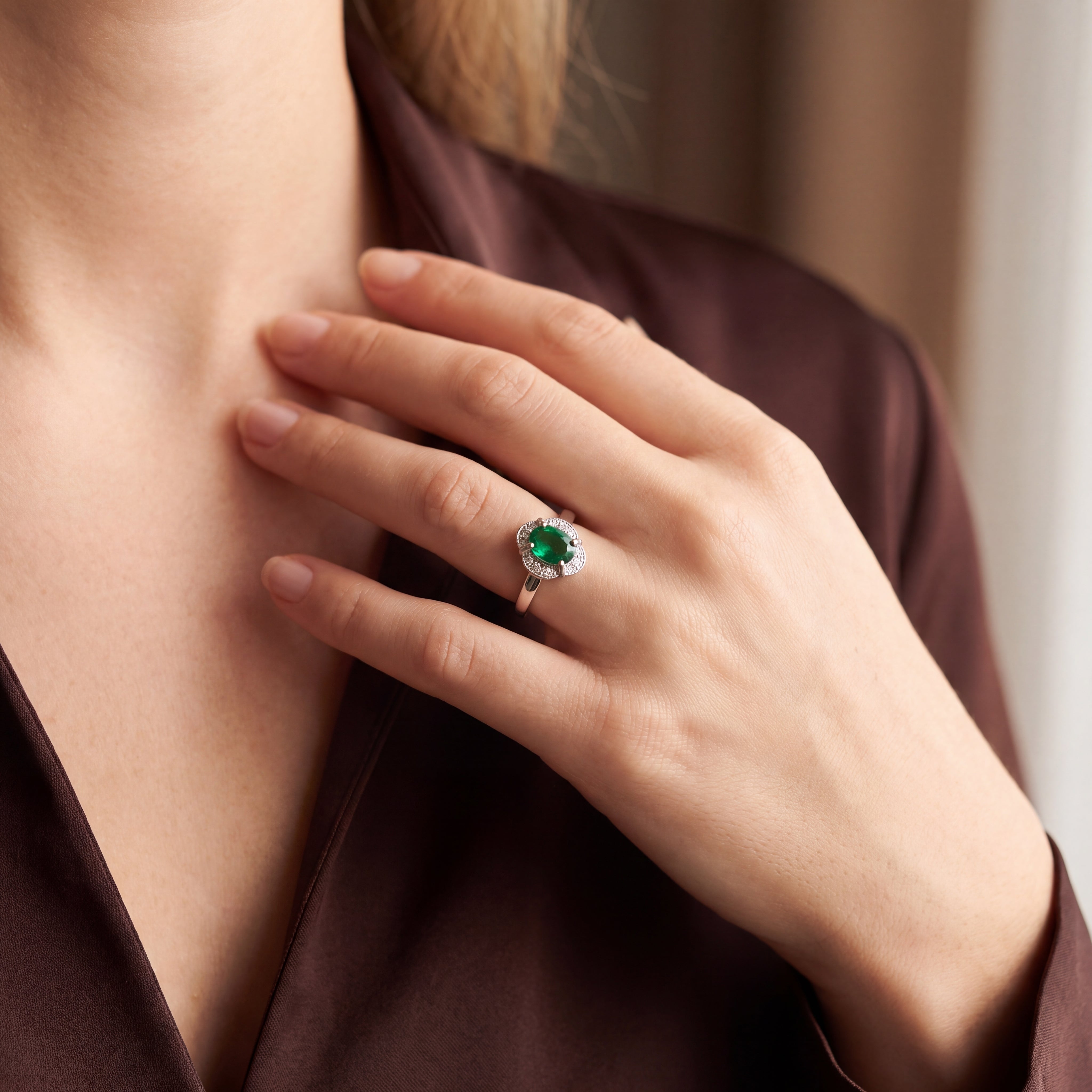0.74ct Oval Emerald & 0.16ct Natural Diamond Cluster Ring in 18ct White Gold