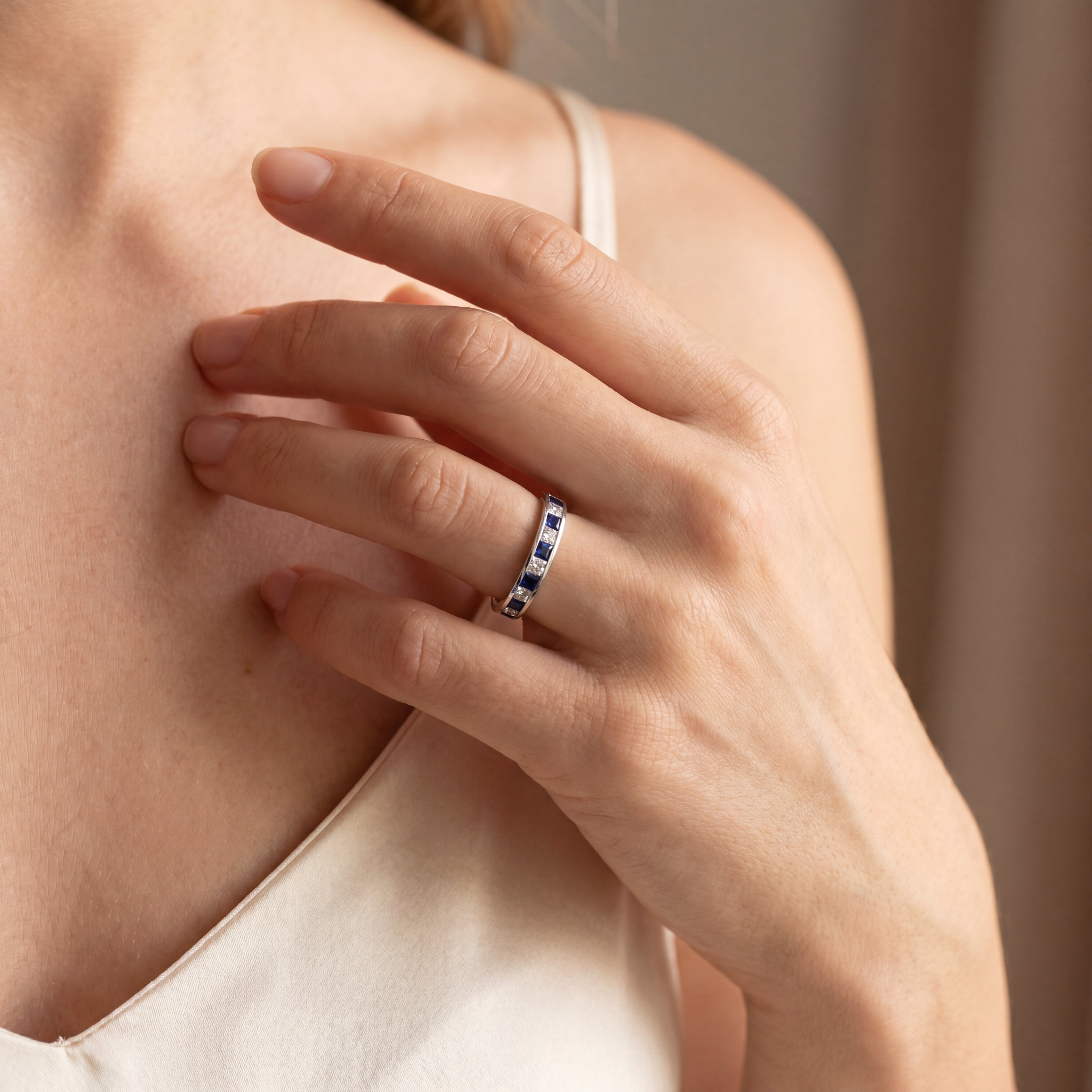 0.64ct Sapphire & 0.55ct Natural Diamond Princess Cut Channel Set Eternity Ring in 18ct White Gold