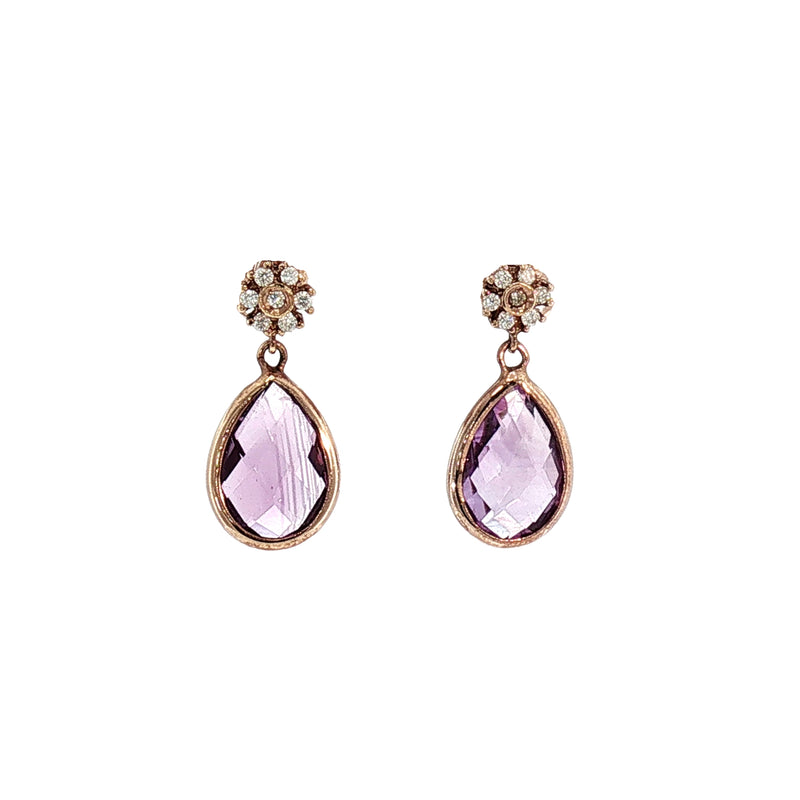 Pear Amethyst and Natural Diamond Drop Earrings in 18ct Rose Gold