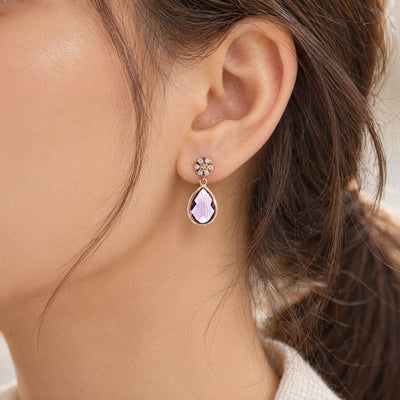 Pear Amethyst and Natural Diamond Drop Earrings in 18ct Rose Gold