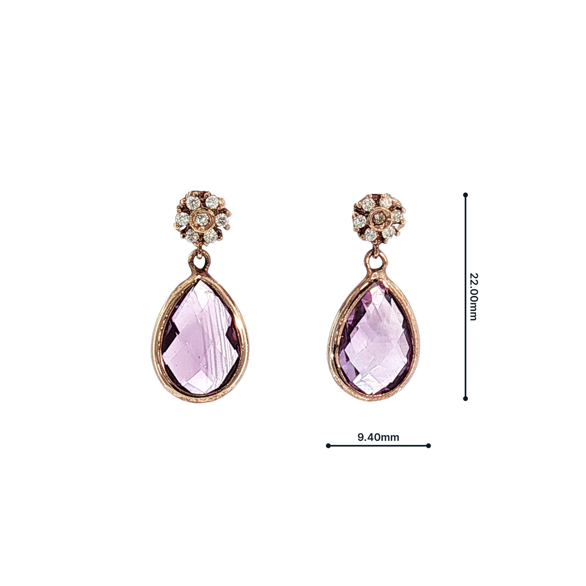 Pear Amethyst and Natural Diamond Drop Earrings in 18ct Rose Gold