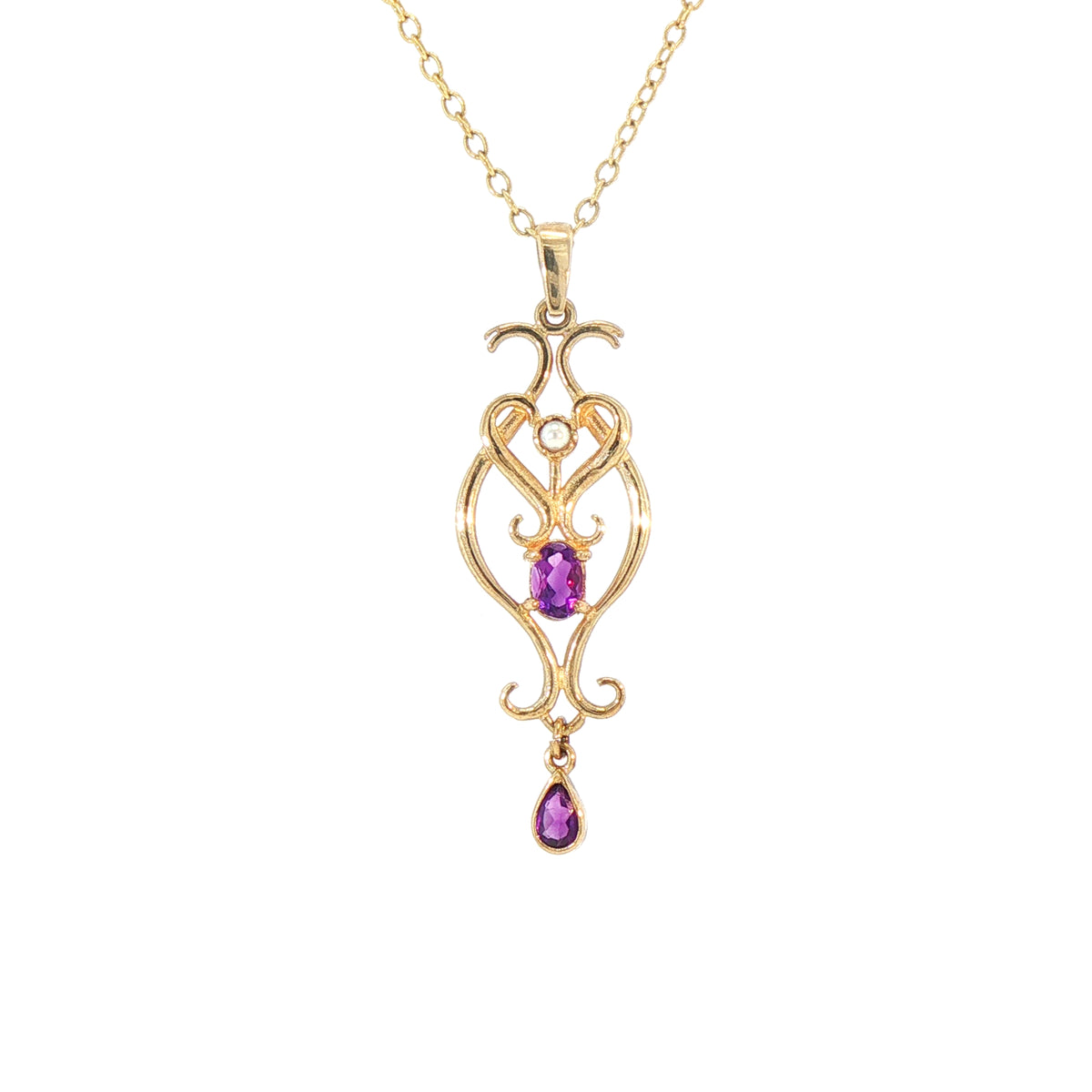 Art Nouveau Style Inspired Amethyst Drop Pendant Set  in 9ct Yellow Gold