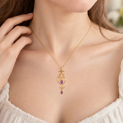 Art Nouveau Style Inspired Amethyst Drop Pendant Set  in 9ct Yellow Gold