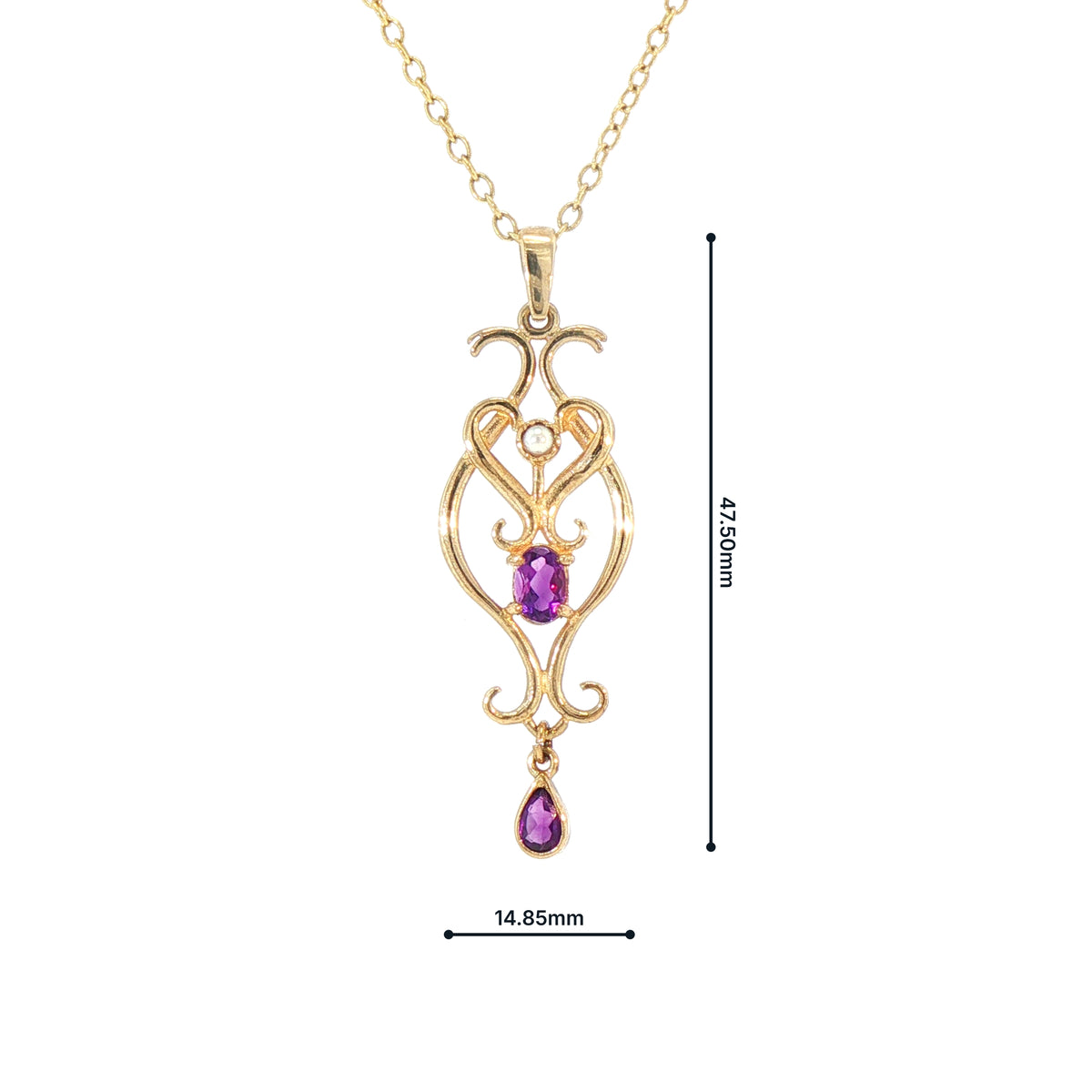 Art Nouveau Style Inspired Amethyst Drop Pendant Set  in 9ct Yellow Gold