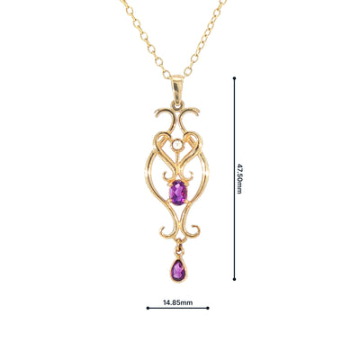 Art Nouveau Style Inspired Amethyst Drop Pendant Set  in 9ct Yellow Gold